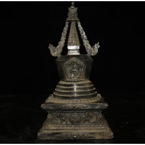 11" Tibet Buddhism Old Bronze Cinnabars stupa Buddha Terrace Shakyamuni Buddha Statue Buddhist altar Enshrine the Buddha