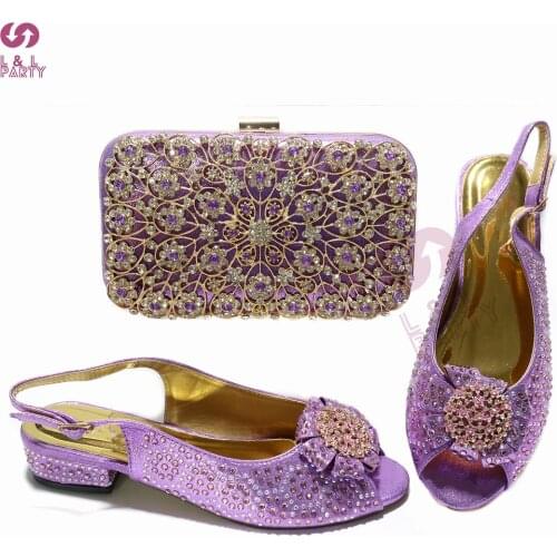 2021 Comfortable Heels New Design Nigerian Mature Women Shoes and Bag to Match in Light Purple Color with Shinning Crystal