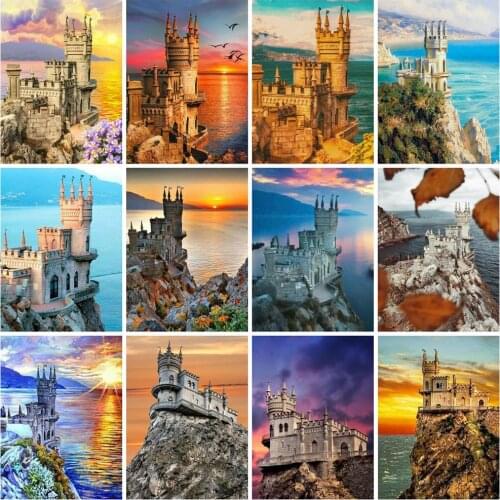 HUACAN Diamond Painting Castle 5D Diamond Mosiac Landscape Sunset Full Square Round Embroidery Home Decor