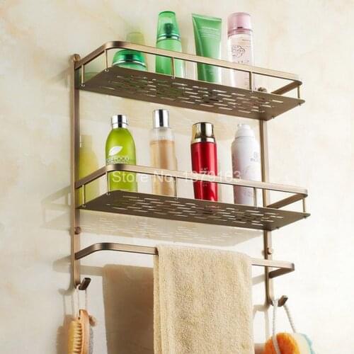 Antique Brass Bathroom Accessory Dual Tier Shower Soap / Sponge Tray Caddy Basket Wire Storage Rack Wall Mounted aba527