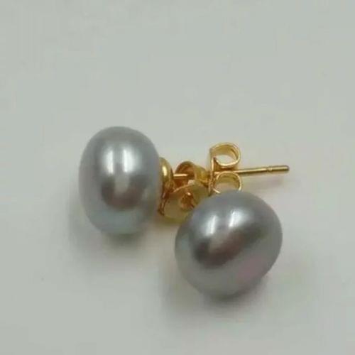 Free shipping AAA9-10 mm genuine natural south sea gray pearl earrings 14 K gold