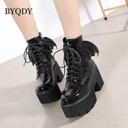 BYQDY Chunky High Heels Woman Ankle Boots Round Toe Black Lace-up Boots Woman Machine Platform Shine Patent Leather Footwear 42