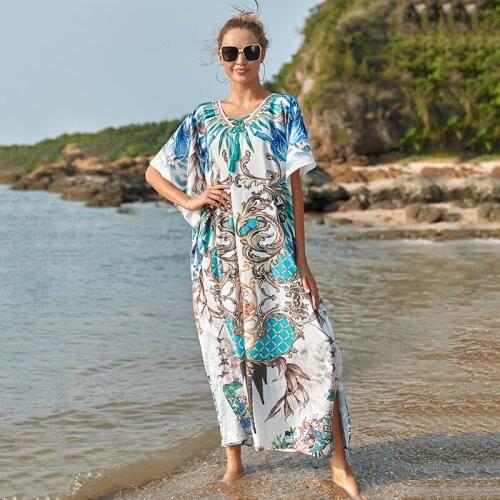 Quick-drying Bikini Cover-ups Bohemian Print V-neck Summer Dress Beach Tunic Women Beachwear Kaftan