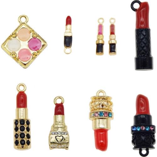 Julie Wang 9PCS Enamel Cosmetic Charms Mixed Girl Lipstick Eyeshadow Alloy Gold Tone Necklace Bracelet Jewelry Making Accessory