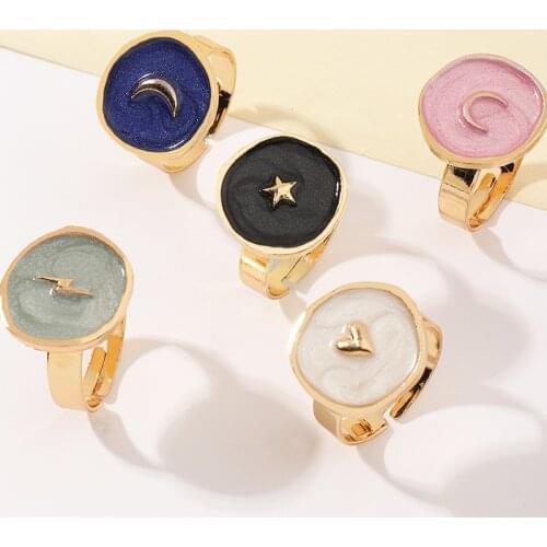 Kissme Irregular Round Finger Rings For Women Moon Star Lightning Heart Multicolor Enamel Adjustable Korea Rings Fashion Jewelry