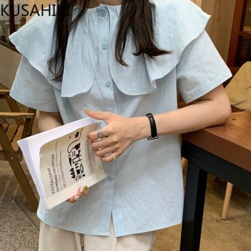 KUSAHIKI Ruffle Turn-down Collar Womens Tops Causal Short Sleeve Summer New Shirts New Fashion Korean Blouse Mujer 2021 6J624