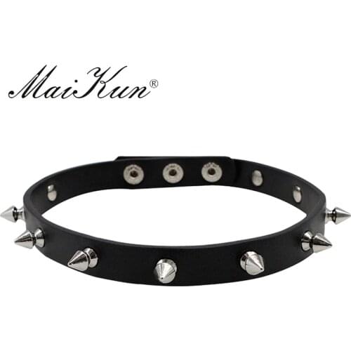 Maikun Harajuku Gothic Cuspidal Spikes Rivet Black Leather Necklaces & Choker Halloween Punk Thin Necklace Women Jewelry