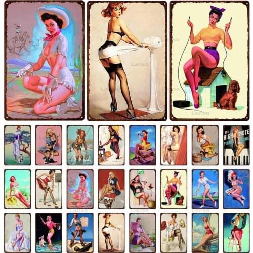 Lady Metal Painting Pin Up Girl Tin Signs Wall Plaque House Cafe Bar Home Decorative Plate Room Decoration Vintage Iron Poster