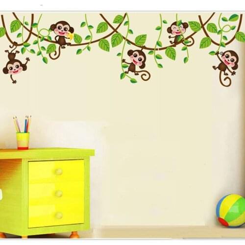 Cute mini monkeys Wall Stickers for kids room Art Decals Vinyl 3D animals plants Wallpaper sticker bedroom nursery home decor