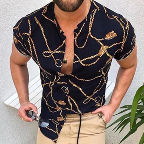 Mens Summer Large-Size Retro Print Slimming Casual Fashion All-Match Trend Lapel Shirt Short-Sleeve Shirt