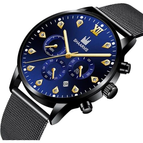 2020 Hot SHAARMS Fashion Mens Wristwatch Blue DialCasual Quartz Watch Stainless Steel Mesh Band Watch Date Clock Reloj Hombre