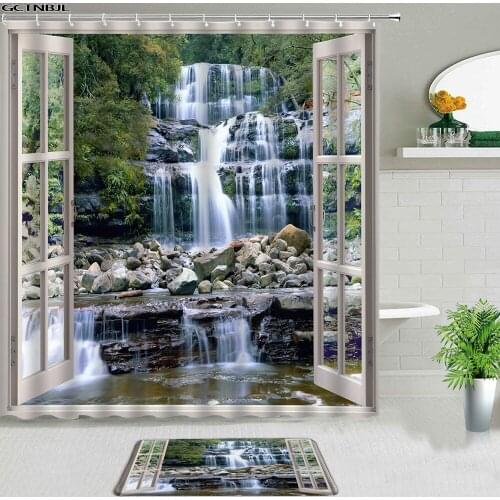 Waterfall Landscape Shower Curtains Set With Rug Non-slip Floor Mat Modern Natural Scenery Bathroom Decor Carpet Bathtub Screen