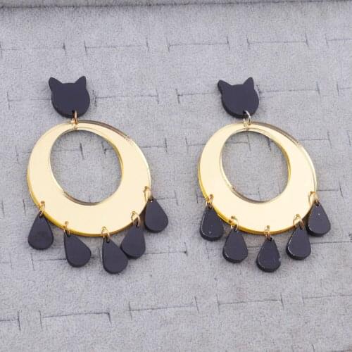 New Fashion Cute Cat Raindrop Big Round Acrylic Drop Earrings For Women Gold Color Hollow Out Oval Dangle Earrings Punk Jewelry