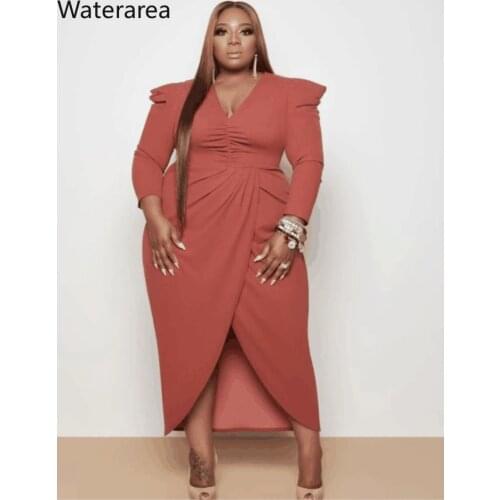 Waterarea Women Plus Size Ruched V-neck Bodycon Midi Maxi Dress Sexy Night Party Pencil High Slit Irregular Long Dresses