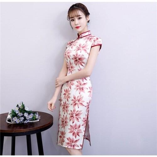 Red Chinese Traditional Dress Womens Silk Satin Cheongsam Vintage Qipao Summer Short Sleeve Dress Flower Party Dress Plus Size