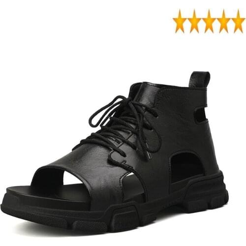 Leather Open Toe Mens Beach Sandal Classic 2021 Summer Outside High Top Shoes Fashion Thick Bottom Leisure Lace Up Roman Sandals