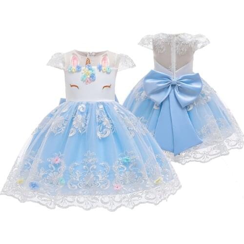 3 Colors Big Bow Cute Cartoon Unicorn Dresses Birthday Party Mesh Princess Girls Dress Christmas Vestidos 2-8 Years Kids Clothes
