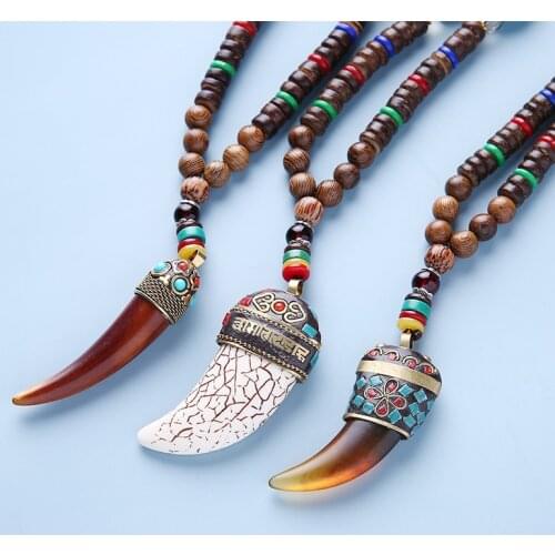 Tibetan Buddhist Mala Wood Beads Necklace Vintage Nepal Charm Ox Horn Pendant Necklace Women Meditation Rosary Necklace Dropship