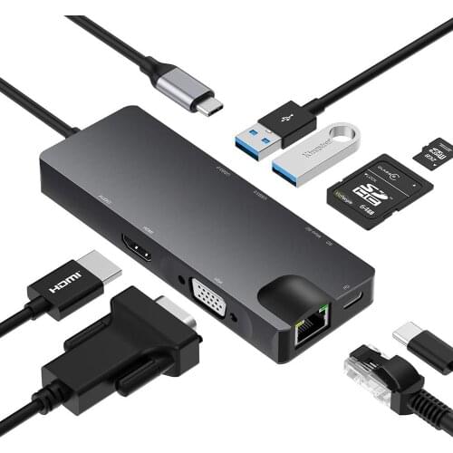 USB C To HDMI USB 3.0*2 Hub Card Reader 8 In 1 USB C Hub Adapter Docking Station With Gigabit Network Card USB C Splitter