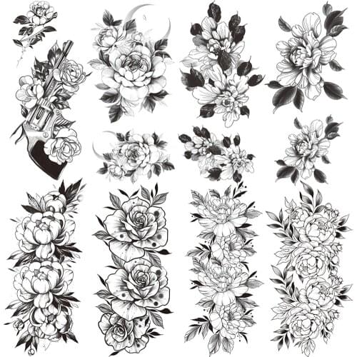 AK47 Flower Temporary Tattoo For Women Black Large Camellia Tattoos Stickers Rose Hands Arm Lily Daisy Waterproof Tatoos Sheets