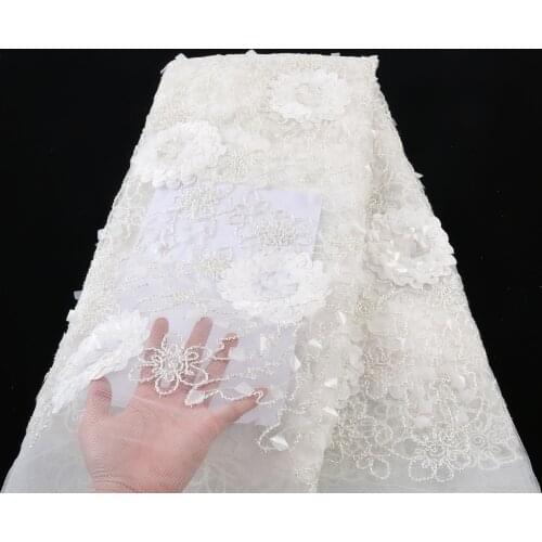 XIYA 3D Flowers Nigerian Sequins Laces Fabrics 2021 African White Color Embroidered Mesh Laces Fabric Wedding Dressde 4046B-1