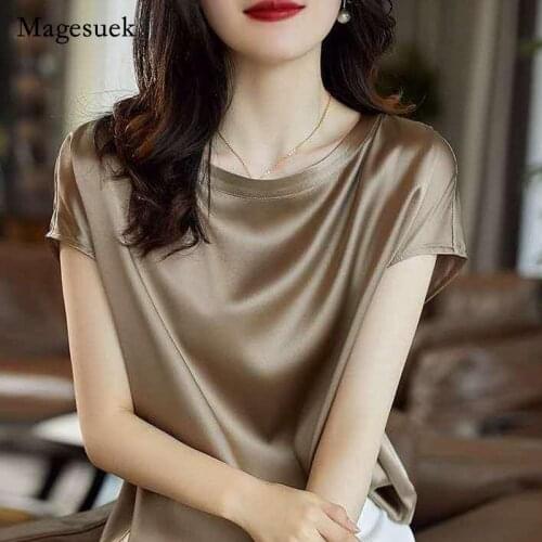 2021 Summer New Womens Satin T-Shirt Solid O-neck Short Sleeve Tops for Women Casual Elegant Loose Silk Blouse Blusas 16023