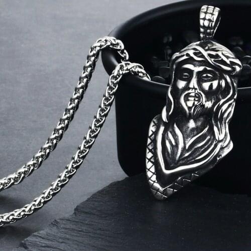 Delicate Stainless Steel Link Chain Necklaces for Men Women Unique Figure Jesus Head Pendant Jewelry Punk Christian Gifts MN135