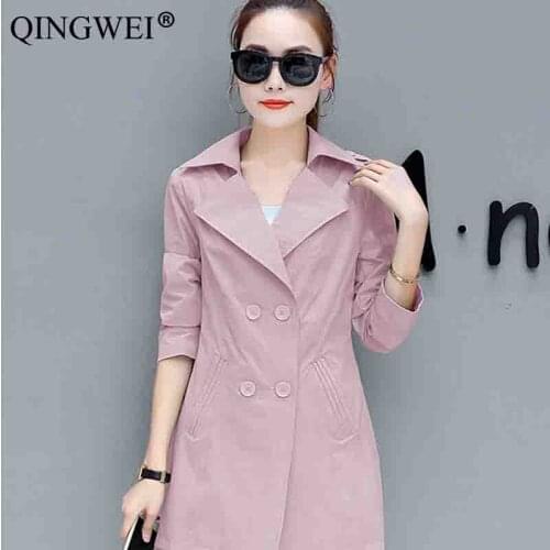 QINGWEI 2019 spring autumn new solid color long windbreaker women selfcultivation windbreakerfashion thin jacket windbreaker