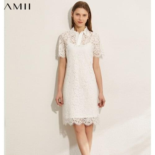 Amii Minimalism Summer Dresses For Women Elegant Polo Collar Lace Dress with Camisole Office Lady Knee Length Dress 12130320