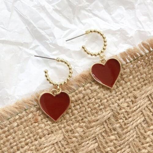 Korean Small Earrings Hanging for Women Red Enamel Cute Love Heart Stud Earring C Loop Fashion Womens Earings Jewelry 2020