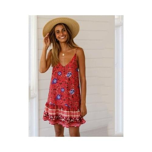 Ladies Holiday Printed Bohemian Pullover Dress Womens Casual Loose V-neck Fashion Elegant Sling Dress Plus Size S-5XL Summer