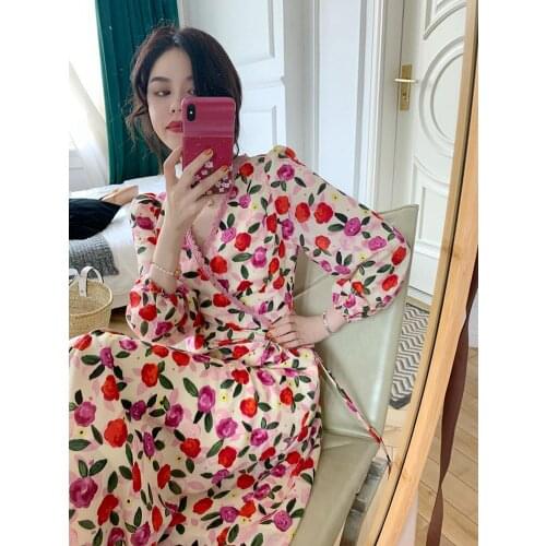 Womens Dress Flowers Dress Summer Printing Dyeing V-neck Dress Long Sleeve Ruffle Long Skirt Dresses Female Clothing 2021