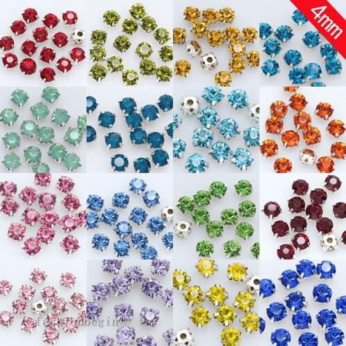 100p 4mm color Sew on crystal glass Rhinestone Diamante jewels Silver Cup Claw Montees 4-holes Sewing Stone Button craft Garment