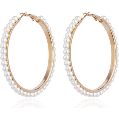 2 Pairs 55mm Fashion Metal Imitation Pearl Hoop Earrings Round Ear Ring For Women Jewelry