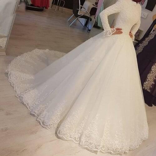 2021 High Neck Long Sleeves White Lace Appliques Bridal Dress Arabic Muslim Wedding Dresses Princess Robe De Mariage
