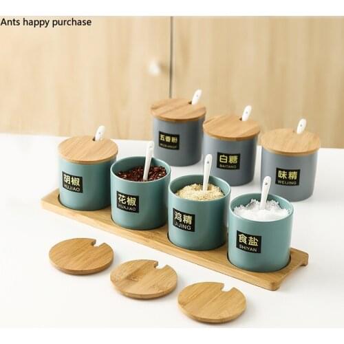 Spice Jar Ceramics Kitchen Storage Home Seasoning Box Four Cells In One Set Combination Salt Shaker Four-piece Kitchen Finishing