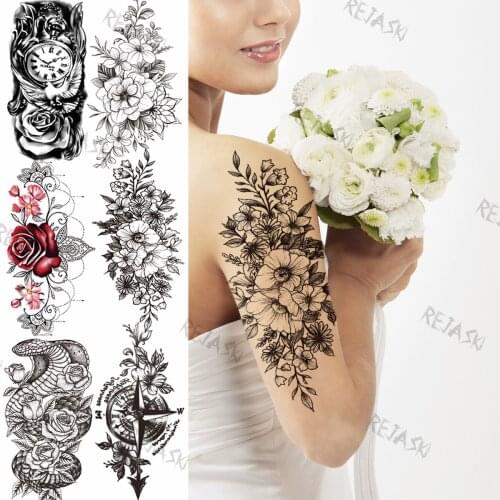 Black Big Flowers Temporary Tattoos For Women Girl Rose Snake Compass Pendant Realistic Fake Tattoo Chest Arm Waterproof Tatoos