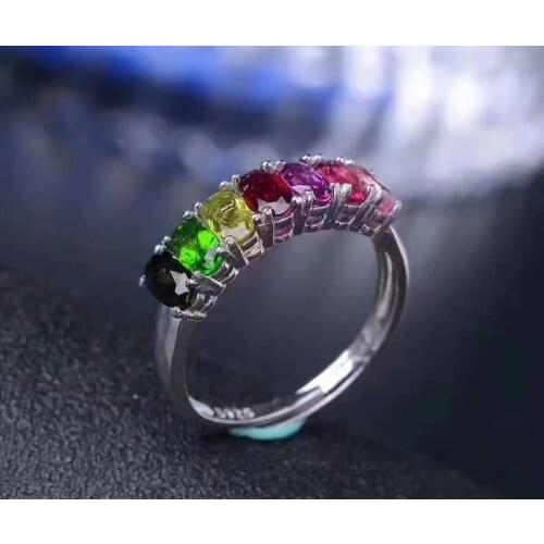 Natural multicolor tourmaline Ring S925 Silver Natural Gem Ring Fashion Elegant Personality line Womens party Rings Jewelry