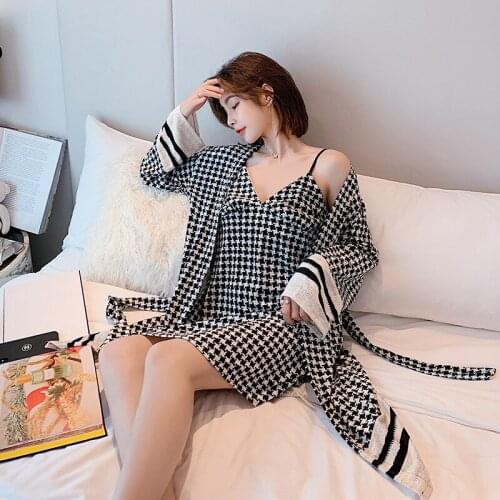 Sexy Lingerie Robe Gown Sets for Women Plaid Satin Silk Underwear Summer Autumn Fashion Stylish Home Clothes