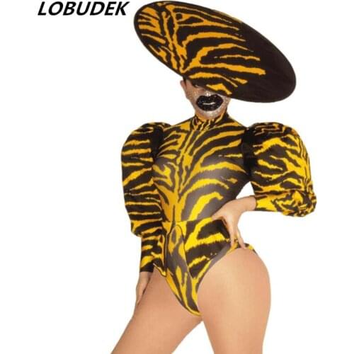 Women Modern Jazz Dance Costume Yellow Zebra Stripes Print Tailcoat Shorts Hat Outfit Set Nightclub Bar Singer Dancer Stage Wear