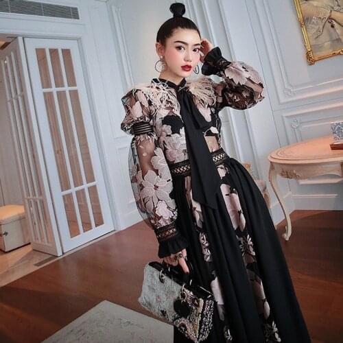 Ostrich Feather Summer Dress Women Embroidery Lace Up Long Lantern Sleeve Transparent Party Dress Plus Size Bow Long Dress A509