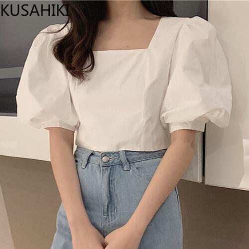 KUSAHIKI Fashion Square Collar Women Blouse Tops Causal Puff Short Sleeve Sweet Shirt 2021 New Short Blusas Feminimos 6F590