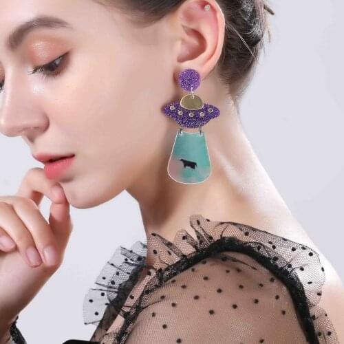 Fashion Glitter Powder Shining Alien Acrylic Drop Earrings Cool Exaggerated Spaceship Black Purple Trendy Dangle Earrings