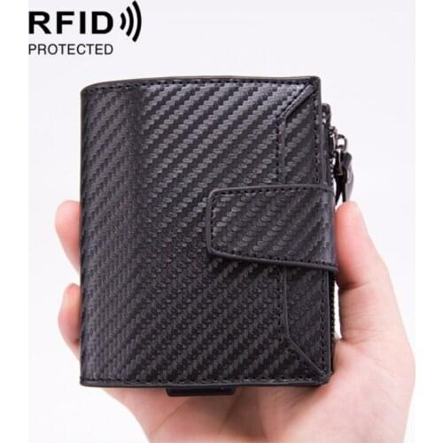 2019 New Mens Wallet PU Leather+Aluminum alloy Credit Card Holder RFID Blocking Zipper Pocket Retro Design Card Bag Purse
