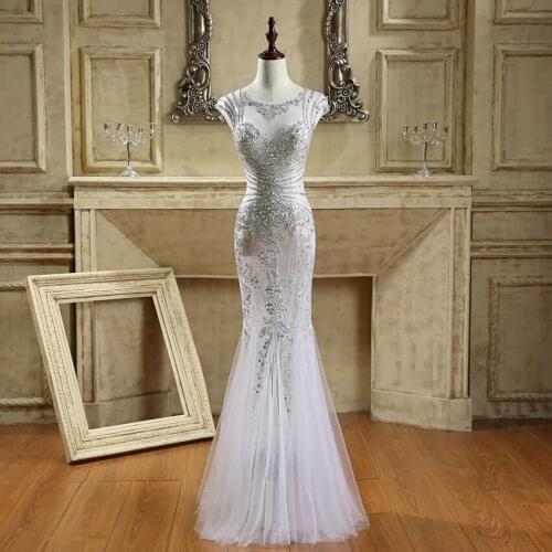 ILoveWedding Mermaid Prom Dresses Formal Tulle Crystal Beading Sequined Backless Floor Length Party Bridal Gowns CY003