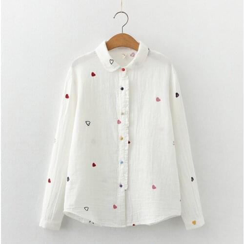 Lamtrip Heart Shaped Embroidery Peter Pan Collar Ruffles Cotton Long Sleeve Shirt Blouse Mori Girl