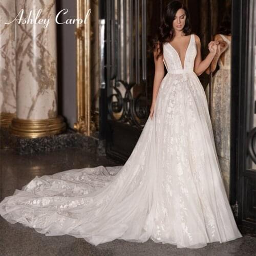 Ashley Carol A-Line Wedding Dress 2021 Elegant Backless Deep V-neckline Sleeveless Beach Bride Gowns Customized Vestido De Noiva