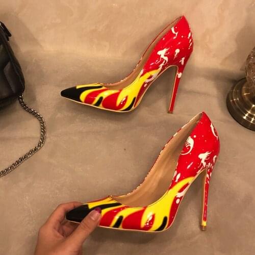 Free shipping fashion women Designer Brand New red yellow patent leather point toe high heels pumps shoes Stiletto 12cm 10cm 8cm