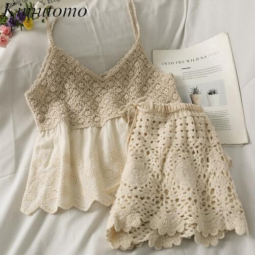 Kimutomo Vintage Fashion Two Piece Sets Women Color Contrast Hollow Out Sling Top High Waist Drawstring Lace Up Shorts Solid