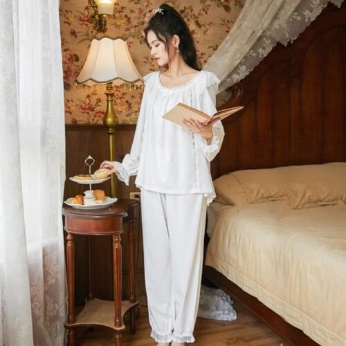 Wasteheart Spring White Women Sleep Pajama Sets Sleepwear Suits Nightwear Slash Neck Plus Size 2 Piece Nightgown Lace Bow